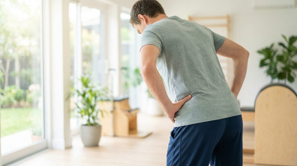 A man in athletic wear gently stretches his lower back in a sunlit physical therapy studio with plants.