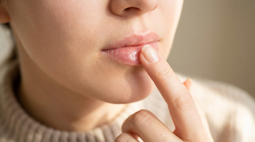 Close-up of a finger applying clear, glossy balm to a person's chapped lower lip, emphasizing gentle self-care.