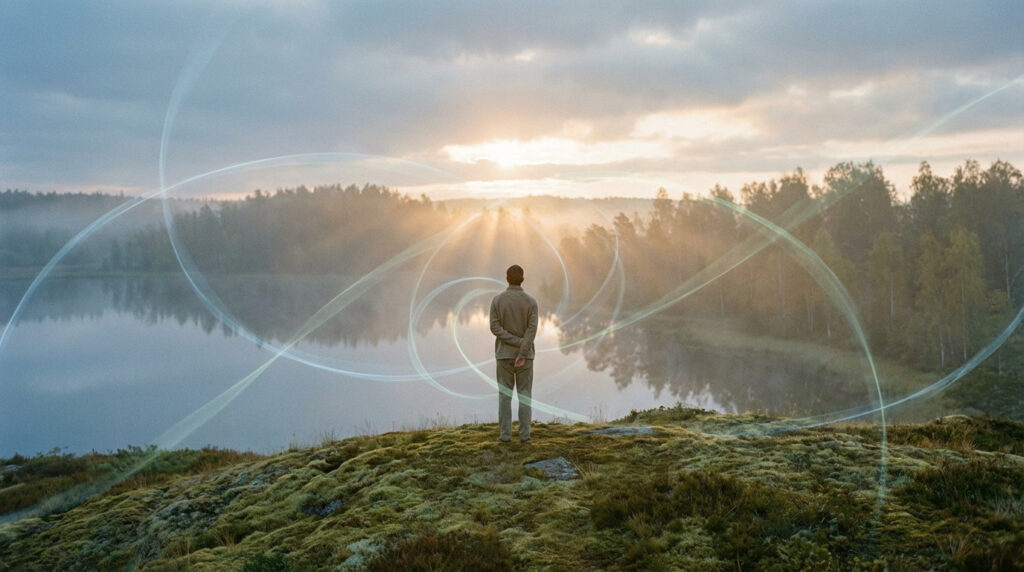 A person on a mossy hill overlooks a misty lake at sunrise, surrounded by glowing abstract lines symbolizing psychological balance and hope.