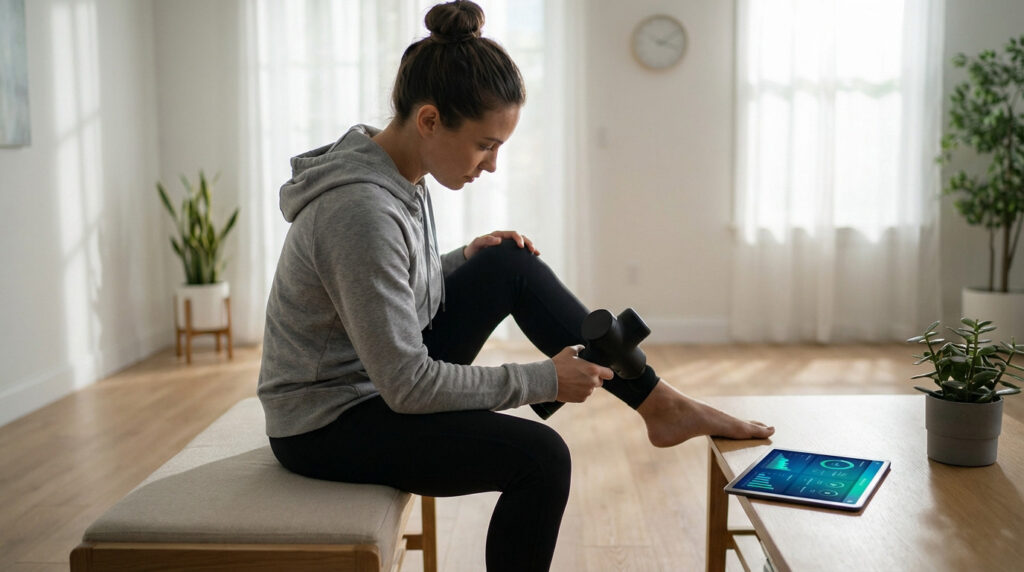 A woman in athletic wear uses a massage gun on her leg for recovery in a bright, modern room, with a tablet displaying wellness data nearby.