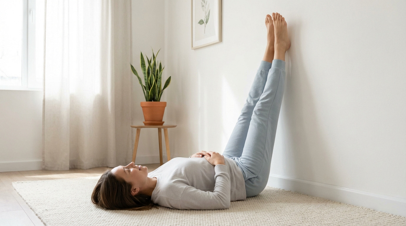 A woman lies on her back on a rug with legs elevated against a wall in a bright, minimalist room, eyes closed in peaceful relaxation.