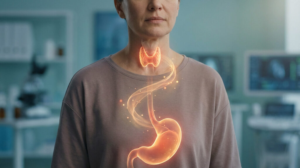 Person's upper body with glowing thyroid and stomach connected by orange energy, illustrating hypothyroidism's link to gastric reflux.