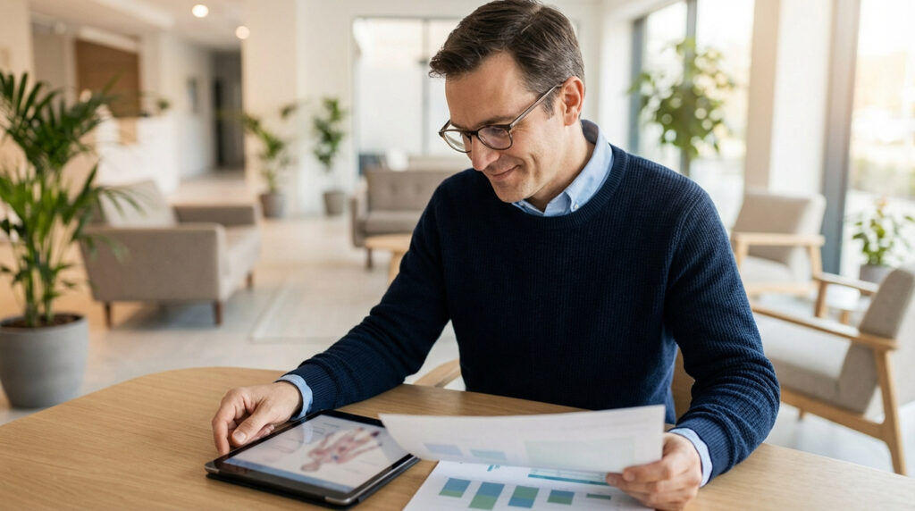 Homme lisant sur une tablette un schéma anatomique et des documents. Il s'informe sur la vasectomie dans un cadre lumineux.