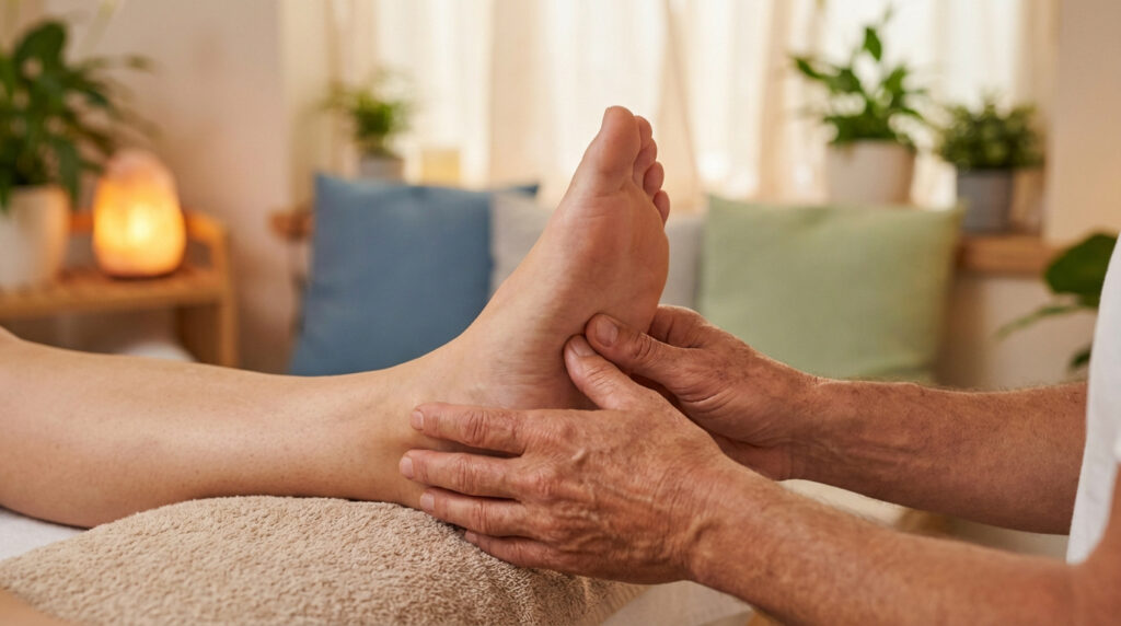 Un pied reçoit un massage de réflexologie par des mains expertes. Ambiance calme et apaisante avec une lampe au sel en arrière-plan.