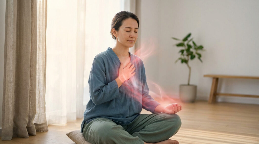 A person meditates in a serene room, eyes closed, hand on chest, with red energy flowing from their heart. Diffused light.