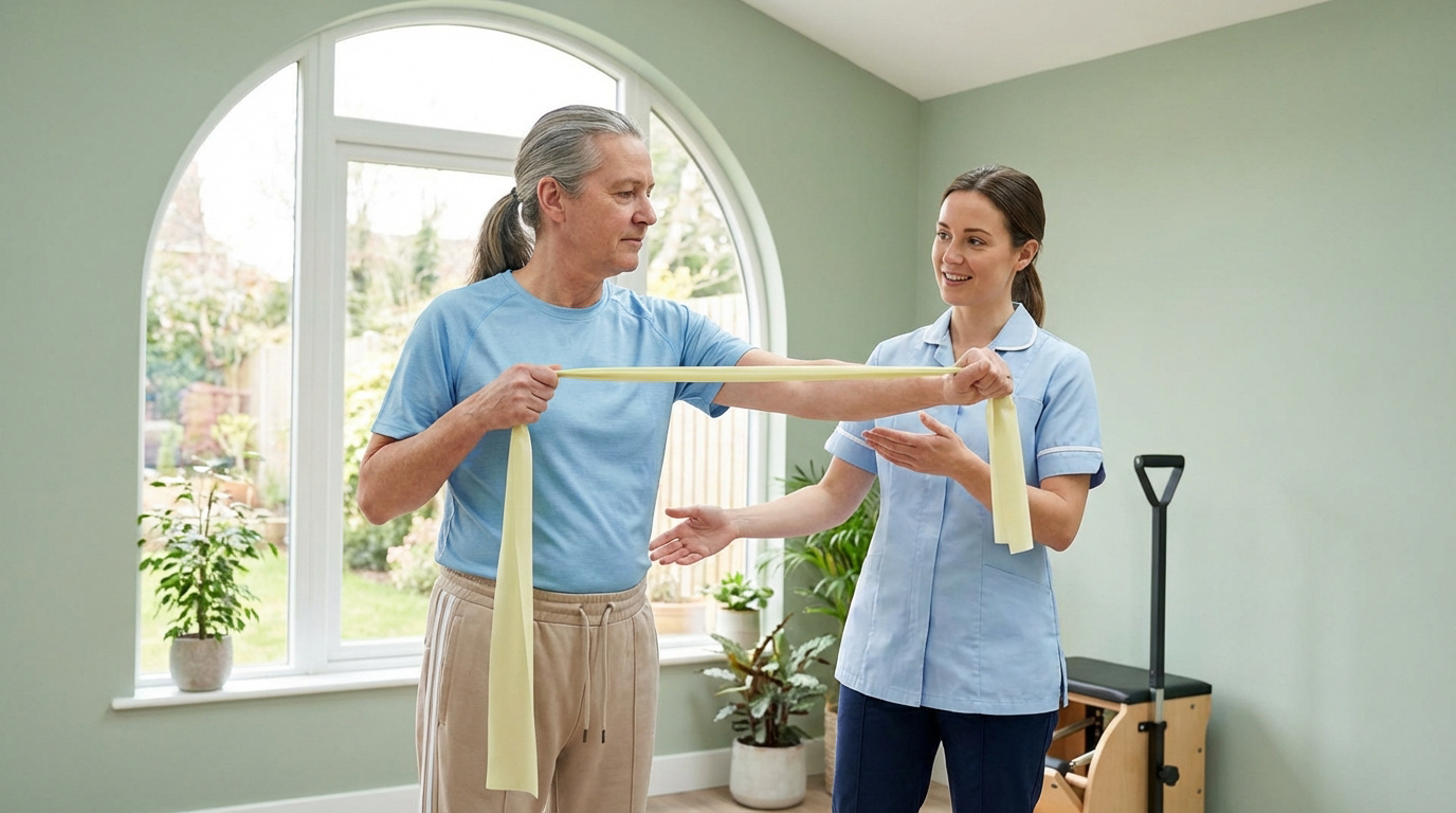 Un homme aux cheveux gris s'exerce avec une bande de résistance, guidé par une thérapeute souriante. Rééducation en intérieur.