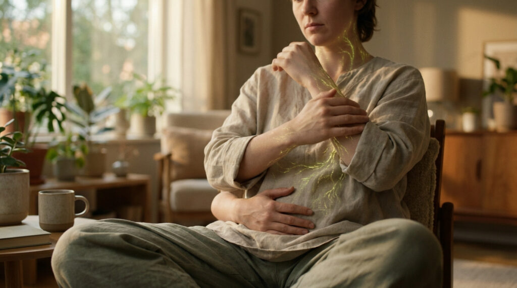 Gender-neutral figure in soft-lit room, hand on abdomen, scratching arm. Ethereal glow connects gut to skin, symbolizing discomfort.
