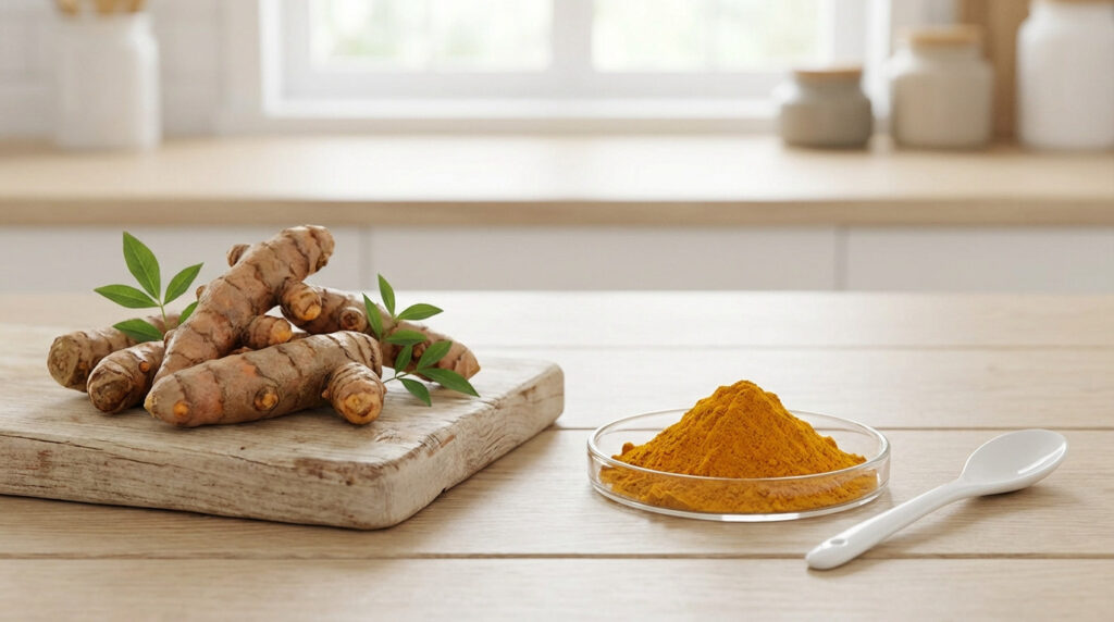 Photo showing earthy turmeric roots on wood, juxtaposed with vibrant yellow curcumin powder in a clear dish, illustrating raw vs. refined.