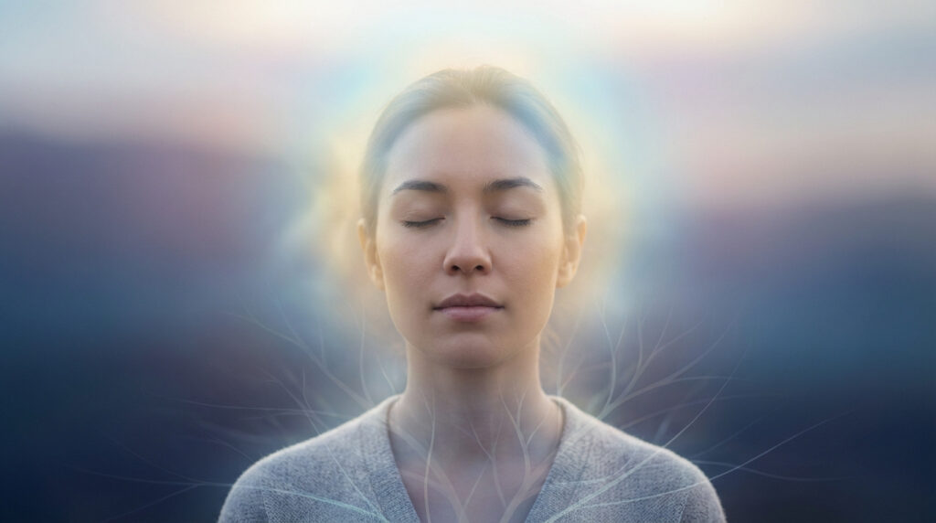 Portrait d'une femme sereine aux yeux clos, entourée d'une aura dorée et bleue, des racines émanant de son corps. Ambiance calme.