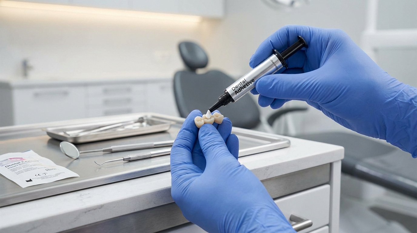 Un professionnel applique un adhésif sur une prothèse dentaire temporaire avec des gants bleus dans un environnement clinique.