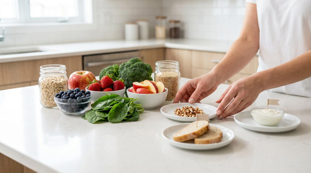 Mains préparant divers aliments sains : fruits, légumes, céréales et yaourt sur un comptoir de cuisine moderne.