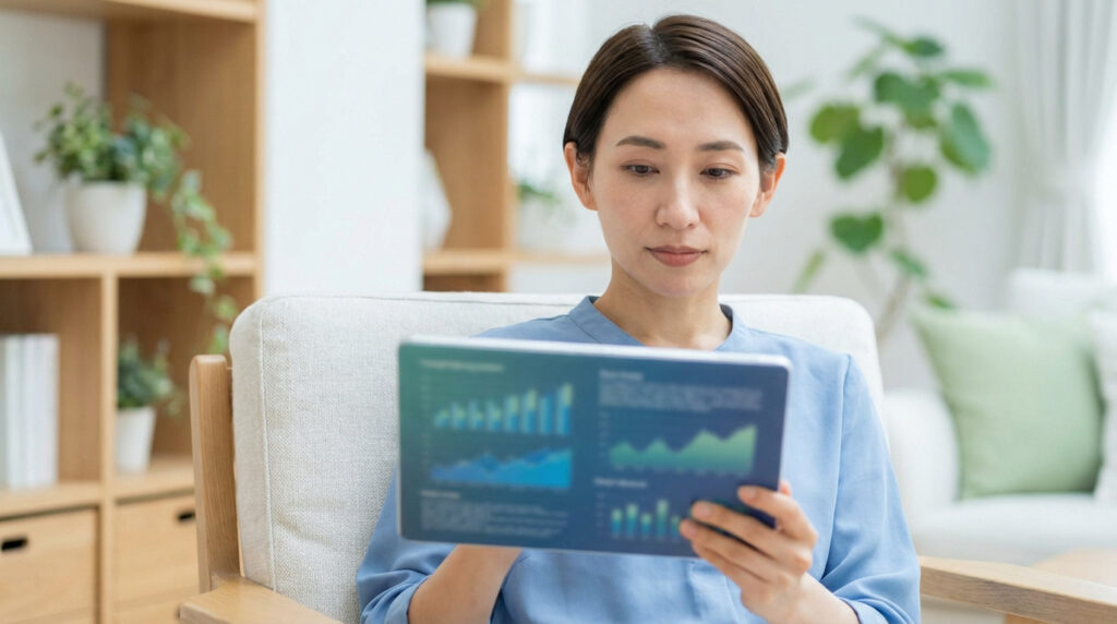 Femme attentive lisant des résultats de santé sur une tablette affichant des graphiques. Elle est dans un salon lumineux.