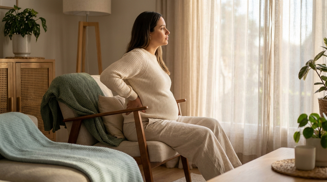 Femme enceinte assise, se tenant le bas du dos et regardant par la fenêtre, exprimant un inconfort.