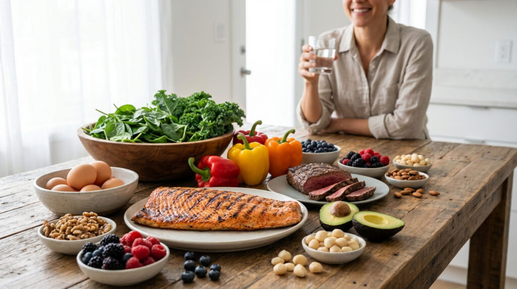 Table en bois garnie d'aliments sains pour régime paléo-cétogène : légumes, œufs, saumon, bœuf, baies, avocats, noix. Une femme sourit en arrière-plan.