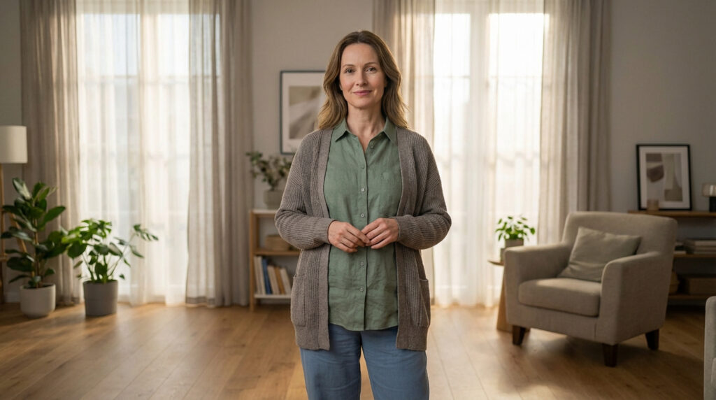 Portrait d'une femme souriante, d'âge mûr, vêtue d'un cardigan marron et d'une chemise verte, dans un salon lumineux avec plantes.