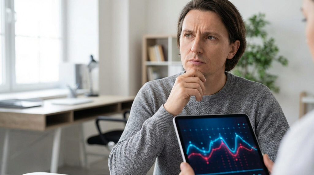 Un homme pensif regarde l'écran d'une tablette montrant un graphique de données médicales, lors d'une consultation.