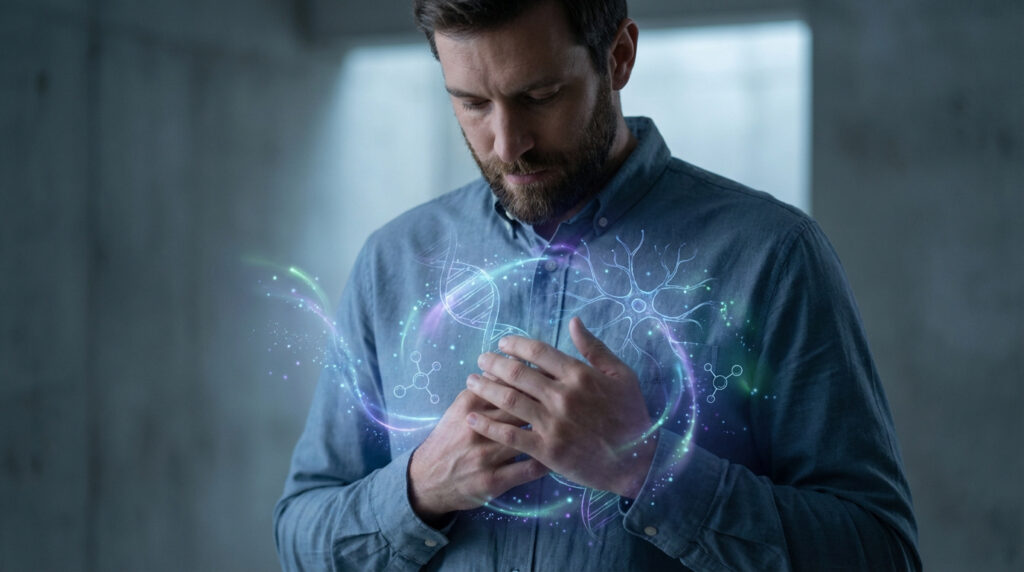 Un homme barbu les mains sur la poitrine, entouré de visualisations numériques d'ADN, neurones et molécules lumineuses.
