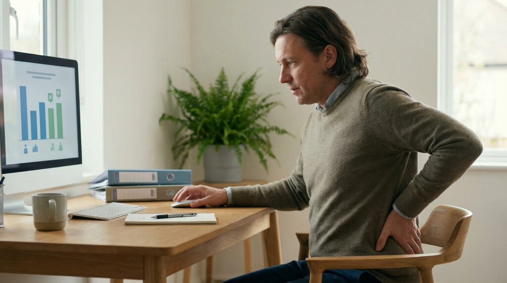 Homme souffrant de douleur lombaire en travaillant sur son ordinateur. Contexte de discopathie et invalidité.