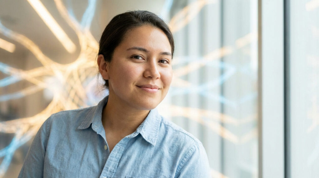 Portrait d'une femme souriante en chemise bleue claire, les cheveux foncés. Arrière-plan flou avec des formes lumineuses orange et bleues.
