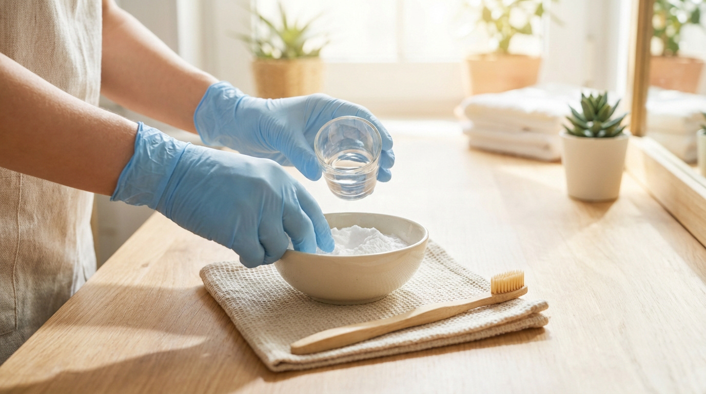Mains gantées versant de l'eau dans un bol de bicarbonate, une brosse à dents en bois à proximité pour l'hygiène bucco-dentaire.