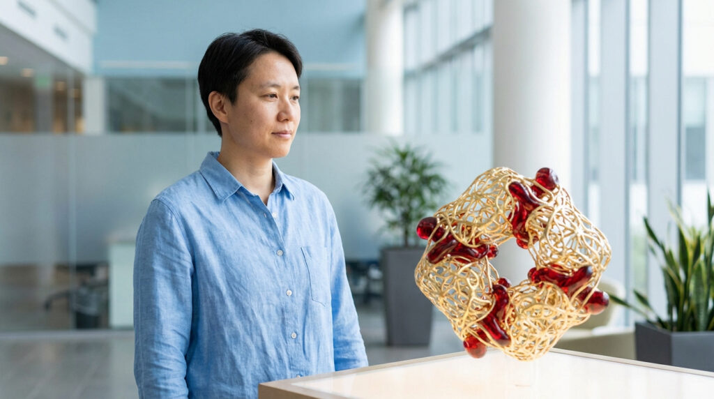 Portrait d'une chercheuse devant une œuvre d'art inspirée de la biologie, représentant la structure moléculaire de l'hyperferritinémie.