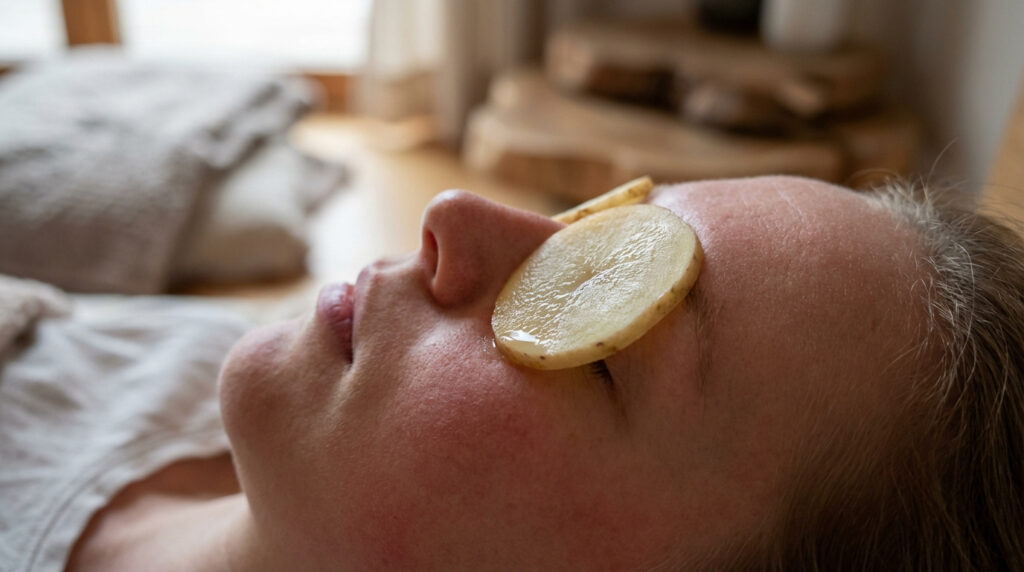 Gros plan sur une personne allongée, avec des rondelles de pomme de terre posées sur les yeux, pour un soin naturel.