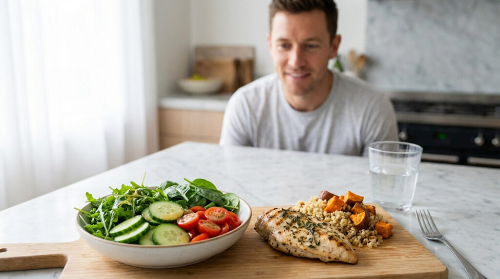 Jeune homme souriant regardant un repas sain sur une table de cuisine : salade, poulet grillé, quinoa, patates douces et eau.