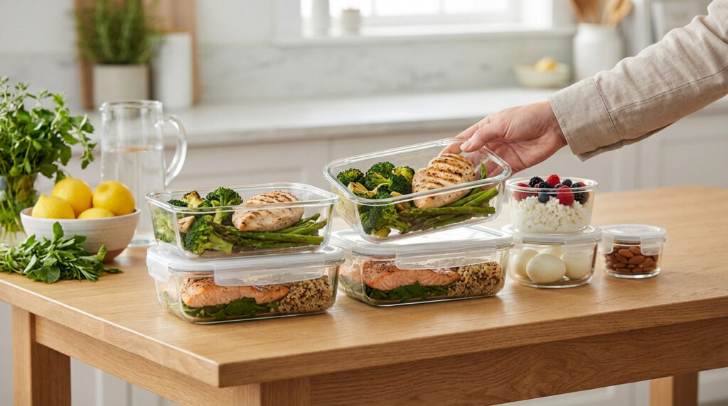 Main plaçant un récipient de poulet grillé et brocoli, avec d'autres repas préparés : saumon, œufs, fromage blanc, amandes sur une table.