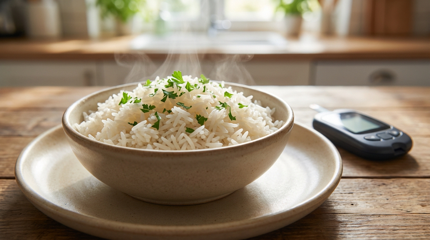 Un bol de riz blanc fumant garni de persil, avec un lecteur de glycémie sur une table en bois de cuisine.