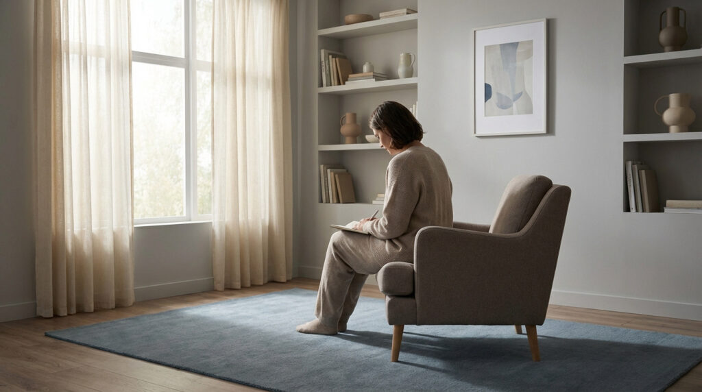 Personne assise dans un fauteuil, écrivant dans un carnet. Fenêtre lumineuse et étagères décorées créent une scène sereine.
