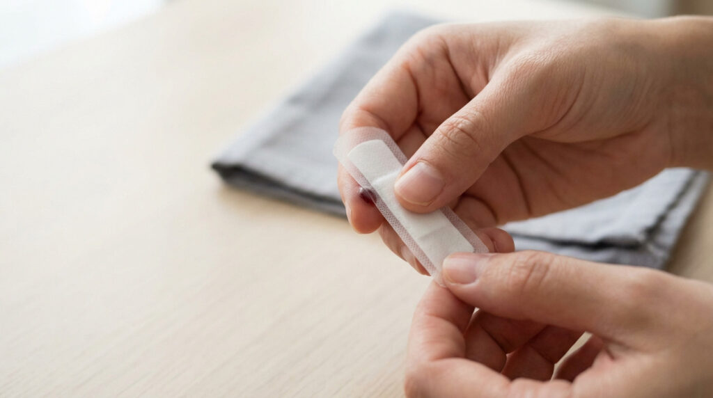 Deux mains tenant un petit pansement adhésif transparent avec une goutte de sang au centre, prêtes à l'appliquer sur une blessure.