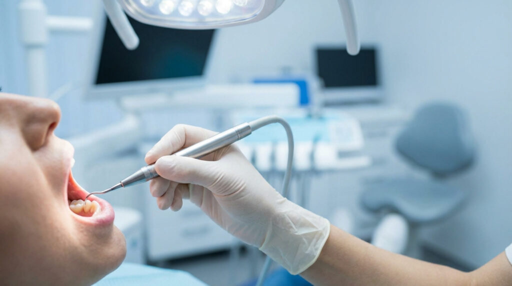 Main gantée d'un dentiste examinant la bouche d'un patient avec un instrument, potentiellement avant retrait de couronne.