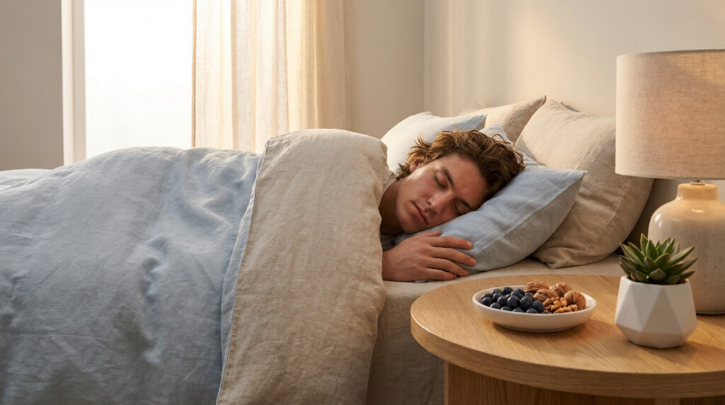 Homme dormant paisiblement dans un lit avec couette bleue. Sur la table de chevet: myrtilles, noix, lampe et plante.