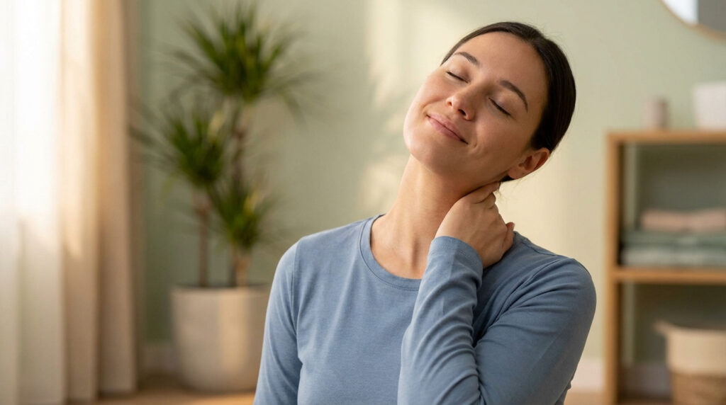 Femme souriante aux yeux fermés, la main sur le cou, étirant doucement sa nuque pour soulager la douleur, dans un intérieur apaisant.