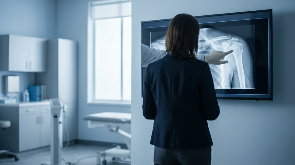 Médecin montrant et expliquant une radiographie de l'épaule à un patient dans une salle d'examen moderne, mettant l'accent sur l'articulation.