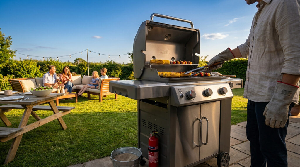 Un homme cuisine au barbecue avec gants. Une famille se détend en arrière-plan. Extincteur et seau de sable visibles.