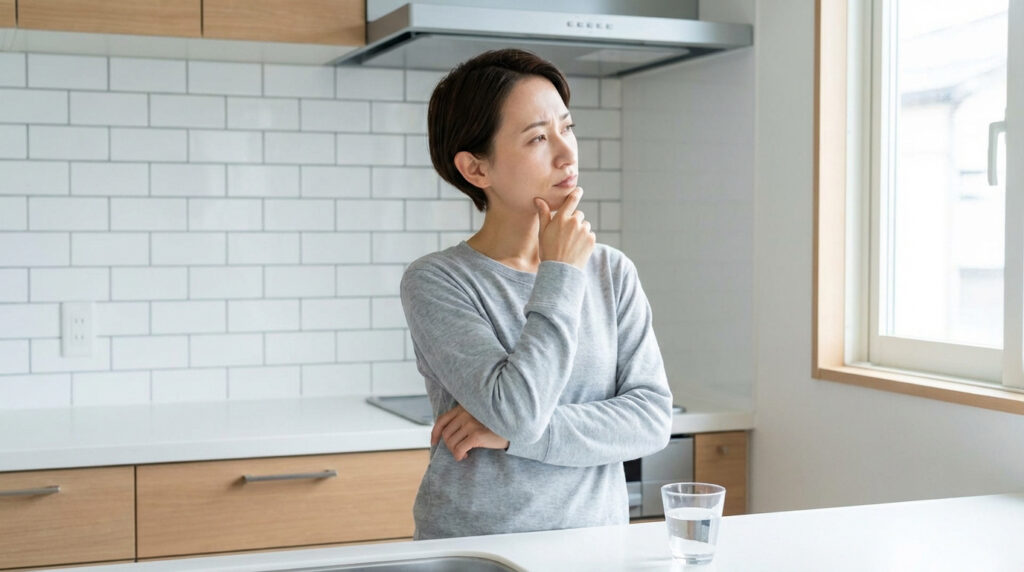 Femme asiatique aux cheveux courts, en pull gris, réfléchissant dans une cuisine moderne, main au menton, près d'un verre d'eau.