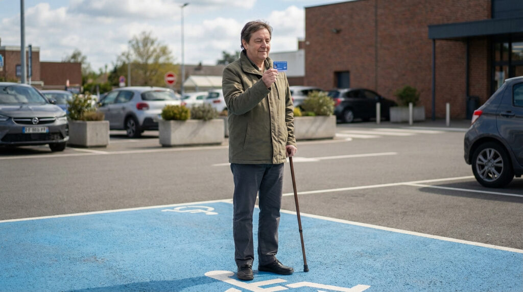 Homme souriant d'âge moyen, avec une canne, présentant sa Carte Mobilité Inclusion (CMI) sur une place de parking bleue PMR.