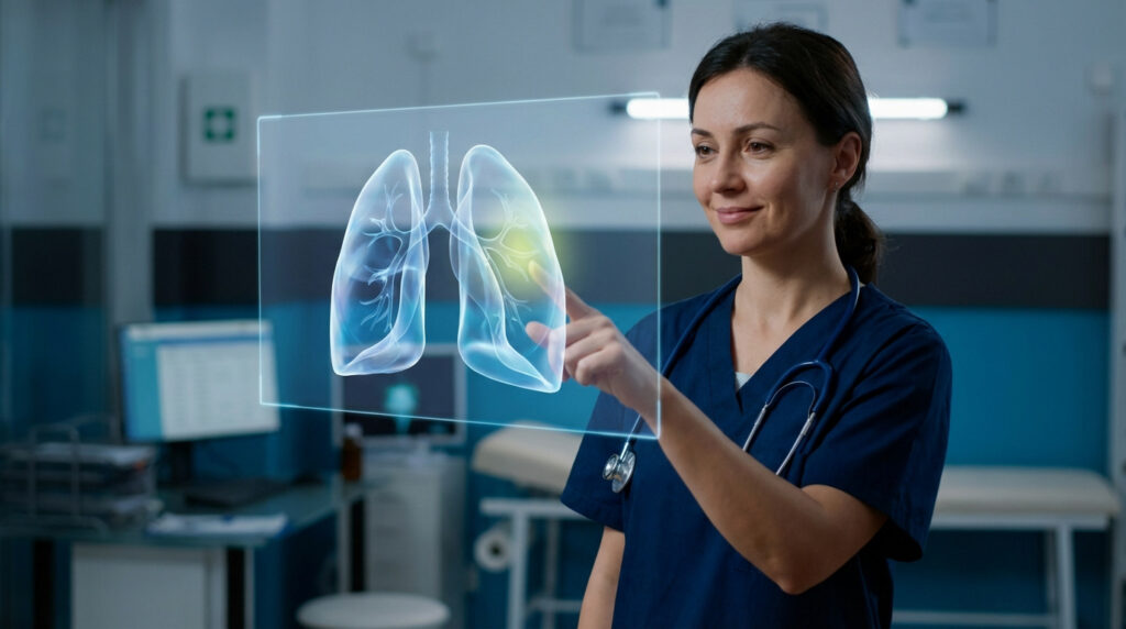 Professionnelle de la santé en blouse bleue manipulant une projection holographique 3D de poumons humains, une opacité est visible.