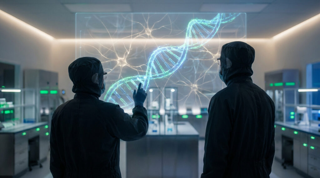 Deux scientifiques en laboratoire stérile analysent une projection holographique d'ADN et de neurones. L'un pointe l'écran.