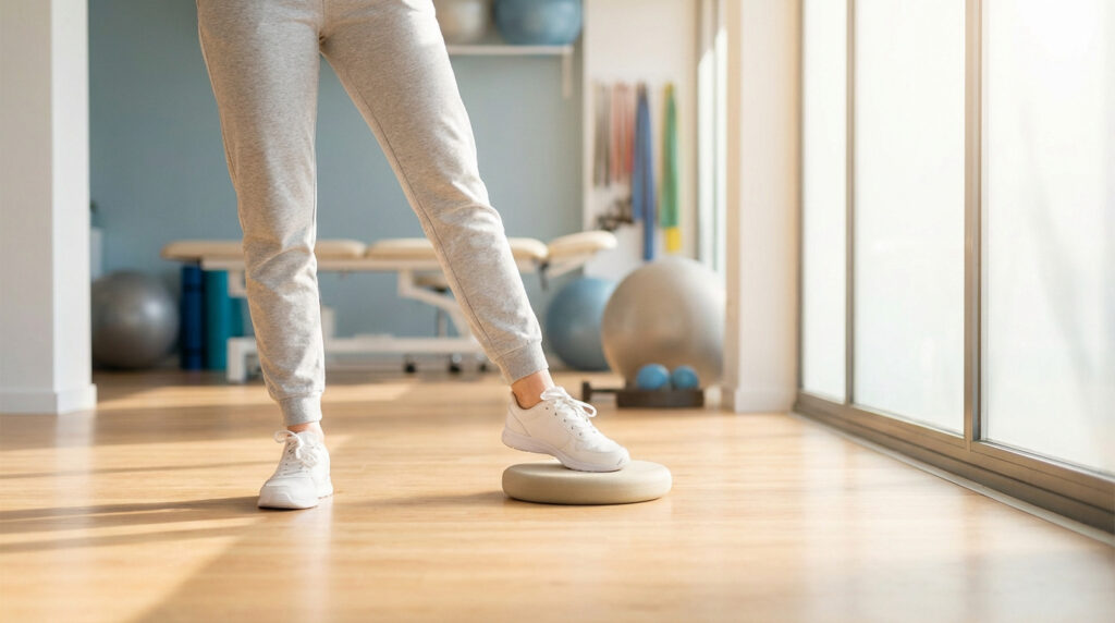 Personne en pantalon de survêtement gris faisant un exercice d'équilibre sur un coussin en physiothérapie pour la rééducation de la cheville.