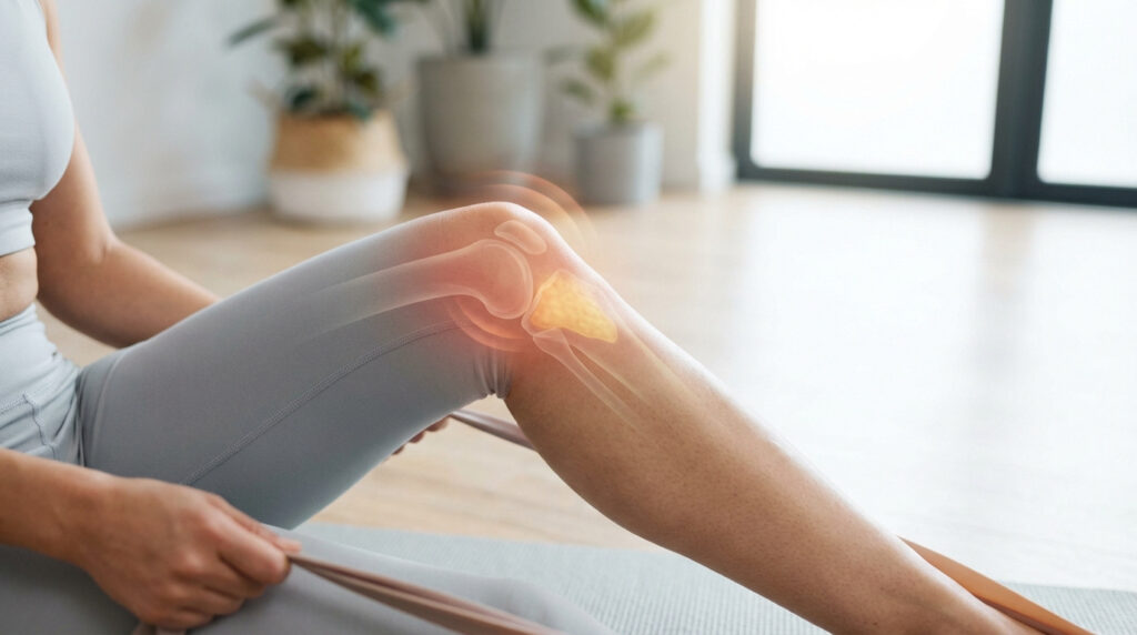 Personne sur tapis de yoga avec bande de résistance. Superposition anatomique du genou lumineux, suggérant douleur ou inflammation.