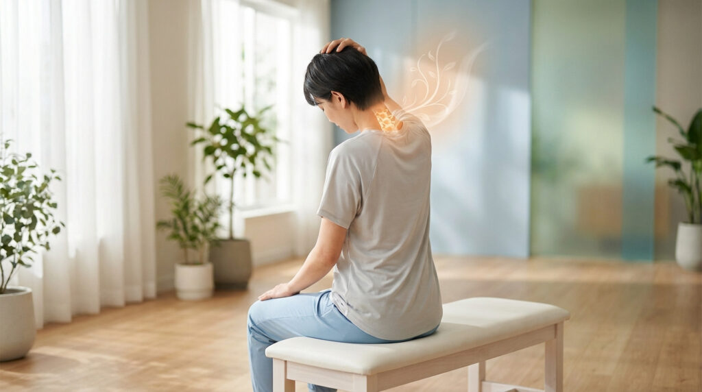 Personne assise touchant son cou, avec une zone douloureuse orange lumineuse autour des cervicales. Illustre le rétrécissement C5-C6.