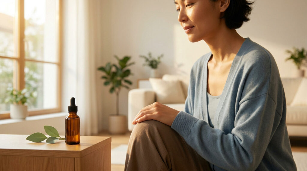 Femme sereine près d'une bouteille d'huile de CBD et de feuilles vertes dans un salon lumineux. Évoque le bien-être naturel.
