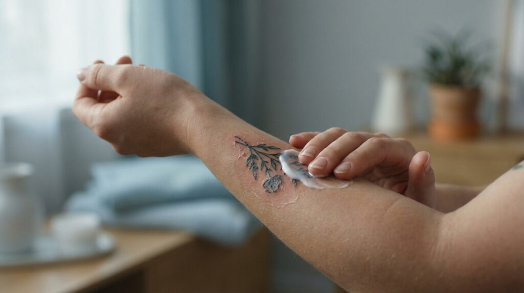 Une personne applique une crème apaisante sur un tatouage floral irrité et en cours de cicatrisation sur l'avant-bras.
