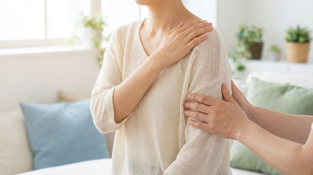 Mains massant doucement l'épaule et le haut du bras d'une personne en pull clair, illustrant un soin ou une récupération post-opératoire.