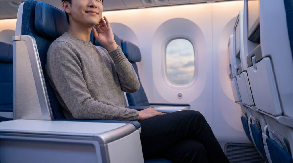 Un homme souriant dans un siège d'avion, la main près de son oreille, avec un hublot montrant des nuages.