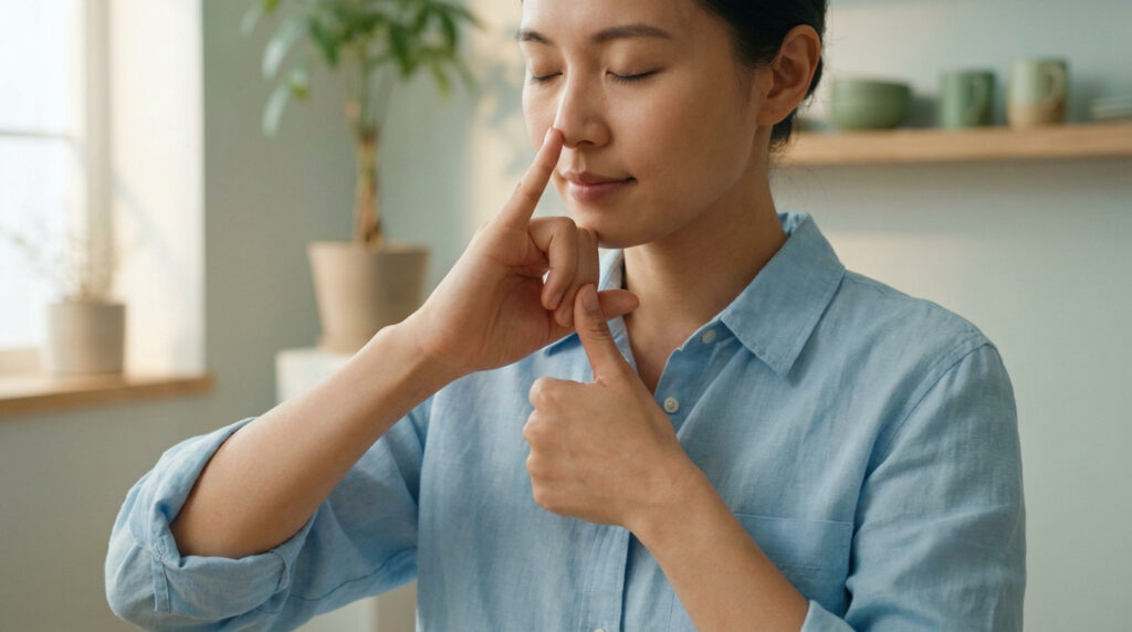 Une femme aux yeux clos exerce une pression sur son nez avec l'index, une technique d'acupression pour soulager les sinus.
