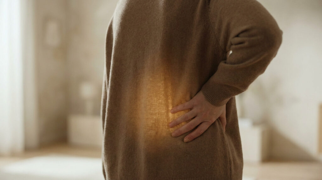 Vue de dos d'une personne en pull beige, main sur le bas du dos où une lumière chaude symbolise une douleur lombaire.