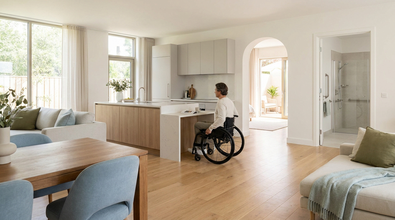 Un homme en fauteuil roulant utilise un comptoir de cuisine adapté dans un intérieur lumineux. Une salle de bain PMR est visible.